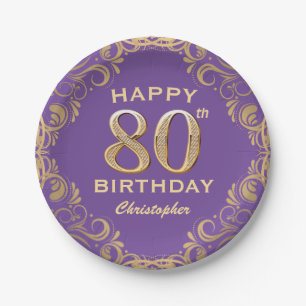 80th Birthday Party Purple and Gold Glitter Frame Paper Plate