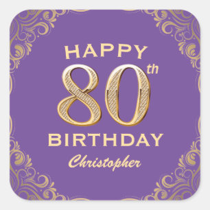 80th Birthday Party Purple and Gold Glitter Frame Square Sticker