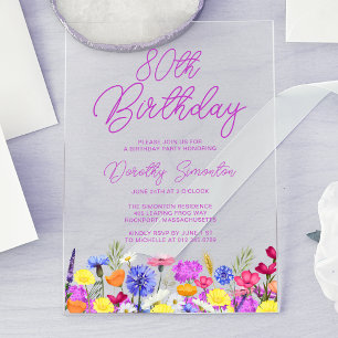 80th Birthday Party Purple Boho Wildflower Acrylic Invitations