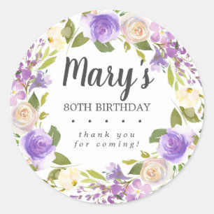 80th Birthday Party Purple Floral Thank You Seal