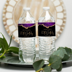 80th Birthday Party Purple Gold Agate Water Bottle Label