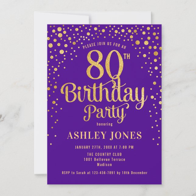 80th Birthday Party - Purple & Gold Invitation (Front)
