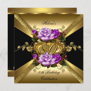 80th Birthday Party Purple Gold Roses Black Invitation
