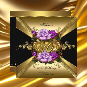 80th Birthday Party Purple Gold Roses Black Invitation