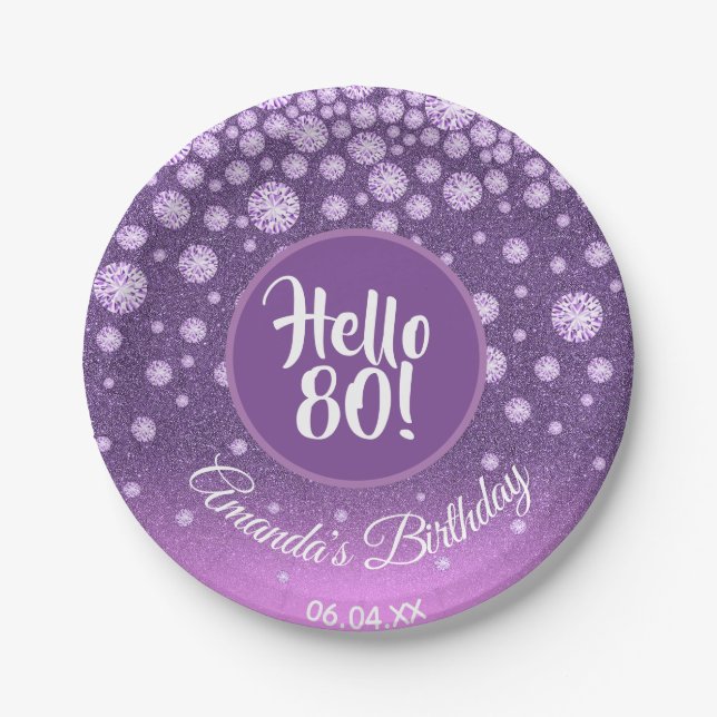 80th birthday party purple pink glitter diamonds paper plate (Front)