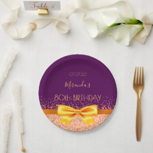 80th birthday party purple rose gold bow name paper plate