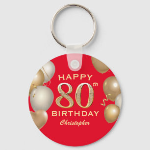 80th Birthday Party Red and Gold Balloons Key Ring