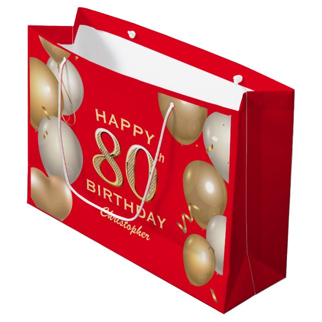 80th Birthday Party Red and Gold Balloons Large Gift Bag (Front Angled)