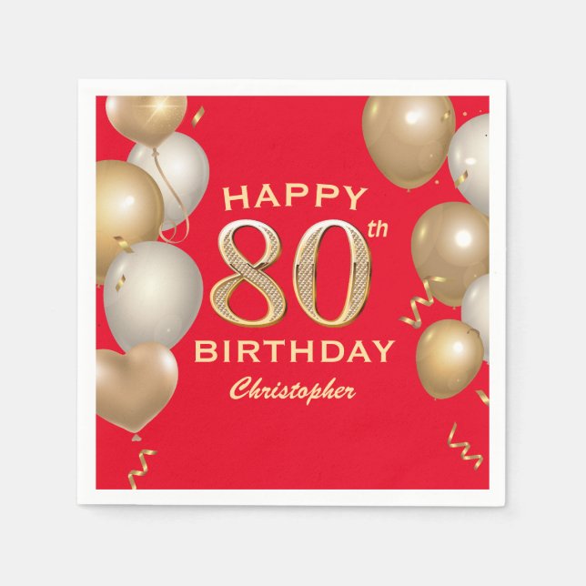 80th Birthday Party Red and Gold Balloons Napkin (Front)