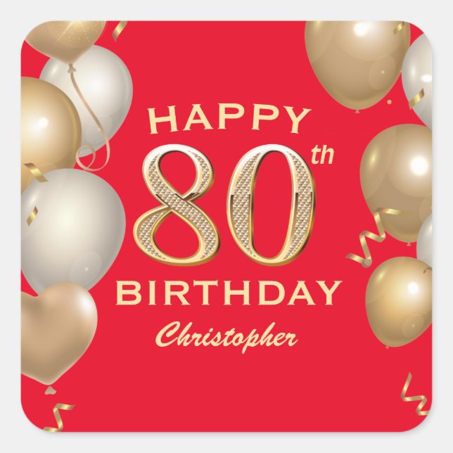 80th Birthday Party Red and Gold Balloons Square Sticker (Front)