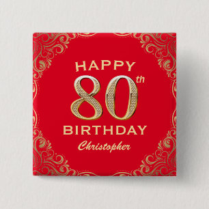 80th Birthday Party Red and Gold Glitter Frame 15 Cm Square Badge