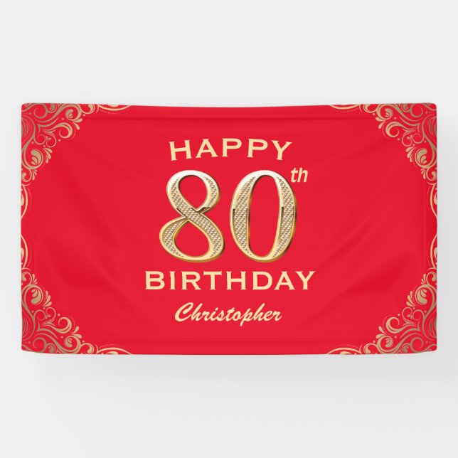 80th Birthday Party Red and Gold Glitter Frame Banner (Horizontal)
