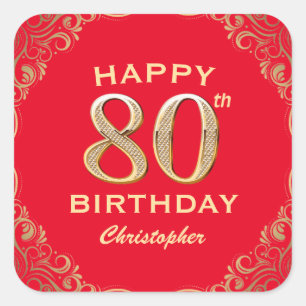 80th Birthday Party Red and Gold Glitter Frame Square Sticker