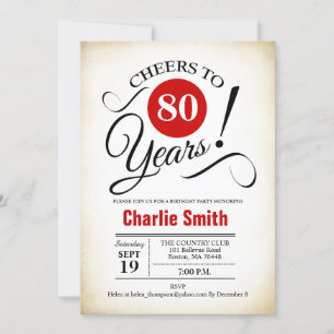 80th Birthday Party -  Red Black White Invitation