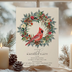 80th Birthday Party Red Cardinal Winter Wreath Invitation