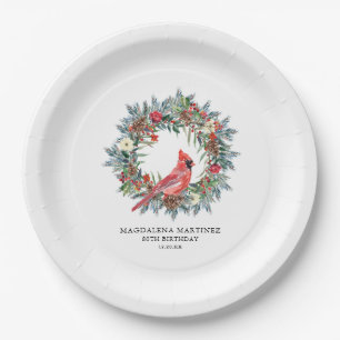 80th Birthday Party Red Cardinal Wreath Custom Paper Plate