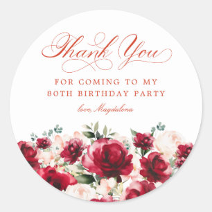 80th Birthday Party Red Pink Floral Thank You Classic Round Sticker