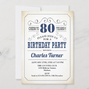 80th Birthday Party - Retro Creamy White and Navy Invitation