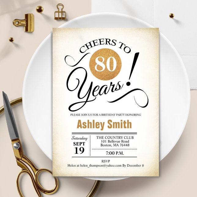 80th Birthday Party - Retro Gold Black White Invitation (Creator Uploaded)