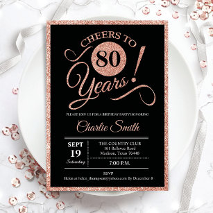 80th Birthday Party - Rose Gold Black ANY AGE Invitation