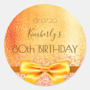 80th birthday party rose gold bow save the date classic round sticker
