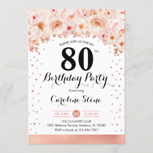 80th Birthday Party - Rose Gold Flowers Invitation