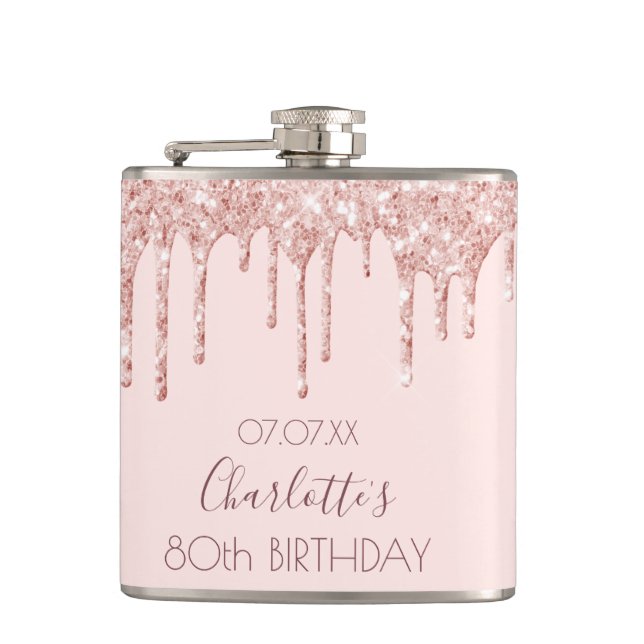 80th birthday party rose gold glitter drips pink hip flask (Front)