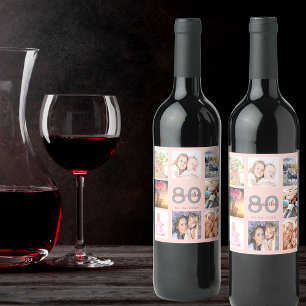 80th birthday party rose gold photo collage wine label