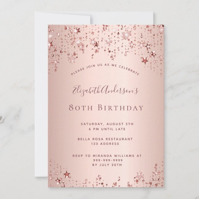 80th birthday party rose gold stars sprinkle invitation (Front)
