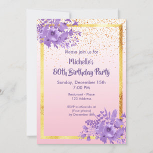 80th birthday party rose gold violet garden flower invitation