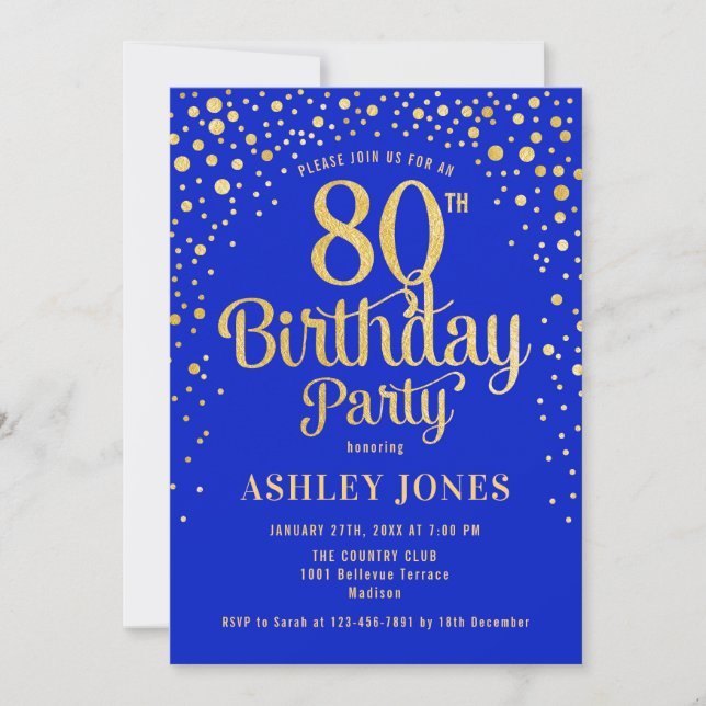 80th Birthday Party - Royal Blue & Gold Invitation (Front)