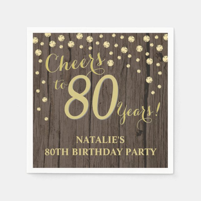 80th Birthday Party Rustic Wood and Gold Diamond N Napkin (Front)