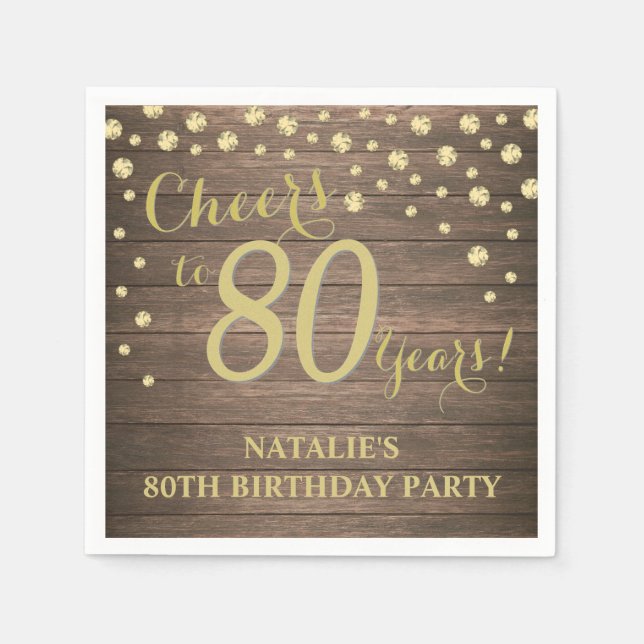 80th Birthday Party Rustic Wood and Gold Diamond Napkin (Front)