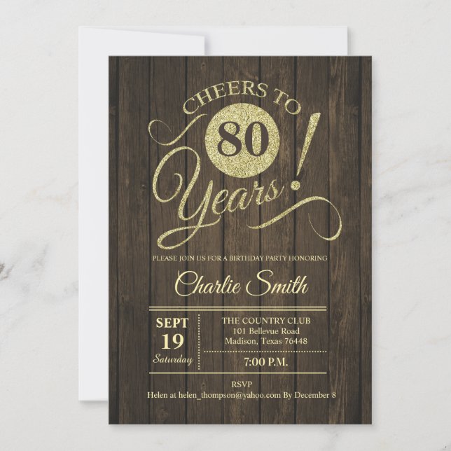 80th Birthday Party - Rustic Wood Gold Invitation (Front)