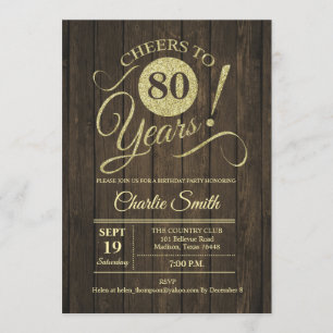 80th Birthday Party - Rustic Wood Gold Invitation