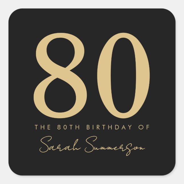 80th Birthday Party Script Black Gold Eighty Square Sticker (Front)