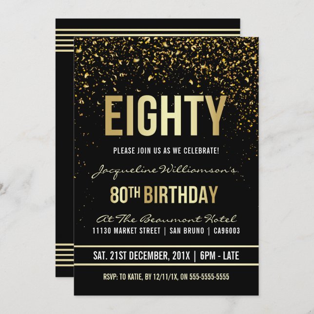 80th Birthday Party | Shimmering Gold Confetti Invitation (Front/Back)