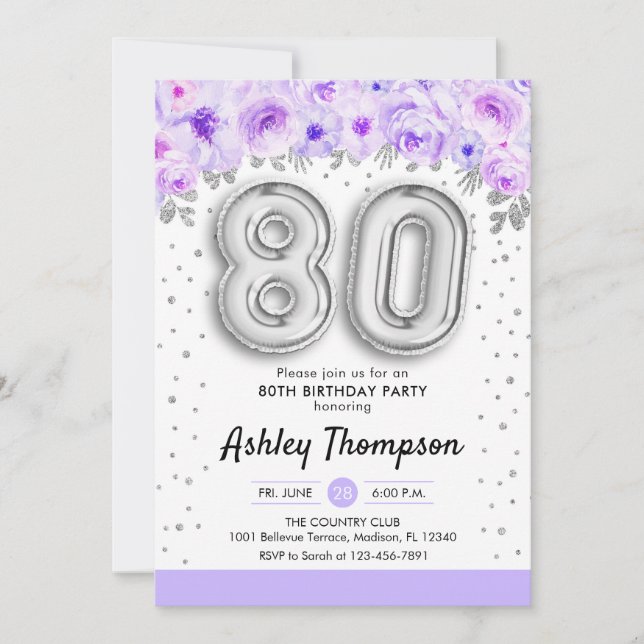 80th Birthday Party - Silver Balloons Purple Invitation (Front)