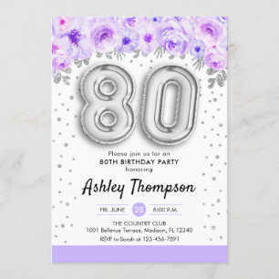 80th Birthday Party - Silver Balloons Purple Invitation