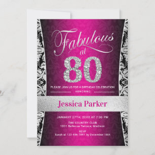 80th Birthday Party - Silver Pink Black Invitation