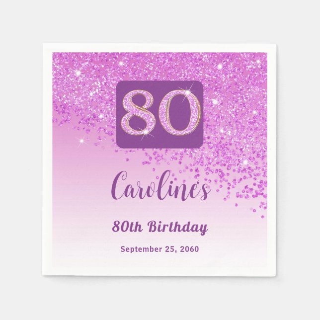 80th Birthday Party Sparkle Pink Glitter Napkin (Front)