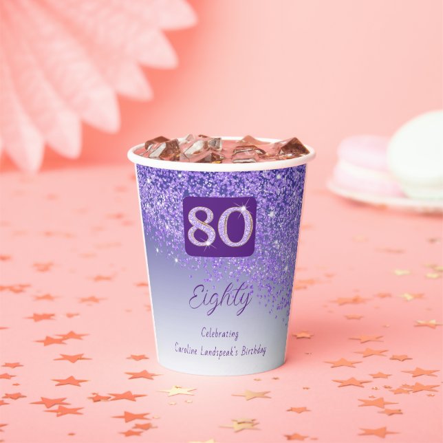 80th Birthday Party Sparkle Purple Glitter Paper Cups (Insitu)