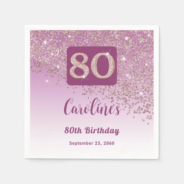 80th Birthday Party Sparkling Rose Gold Glitter Napkin (Front)