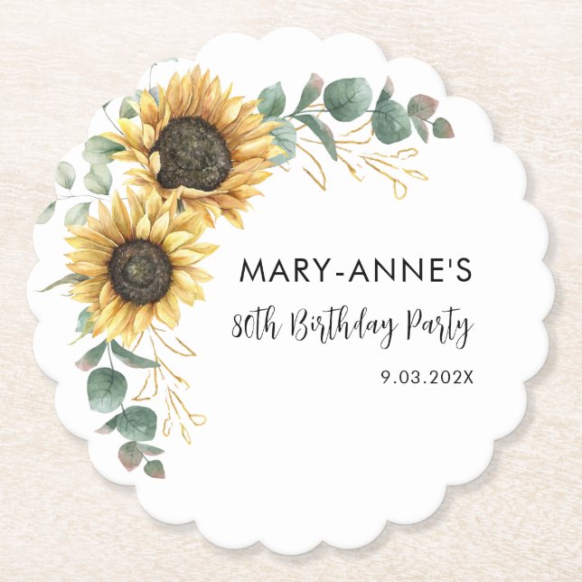 80th Birthday Party Sunflower Floral Script Paper Coaster (Front)