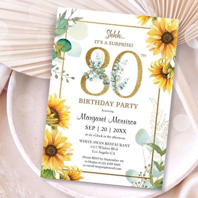 80th Birthday Party Sunflowers Elegant Floral  Invitation (Creator Uploaded)