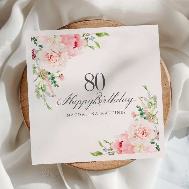 80th Birthday Party Supplies Pink Floral Custom Napkin (Creator Uploaded)