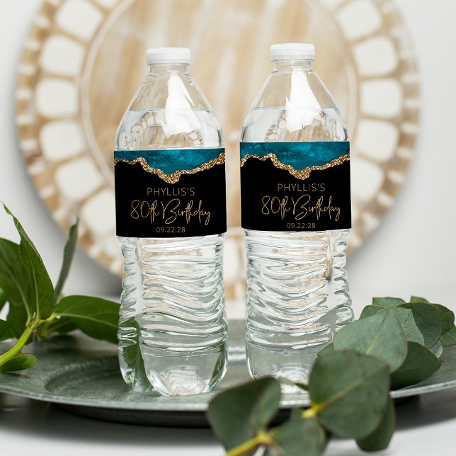 80th Birthday Party Teal Blue Gold Agate Water Bottle Label (Creator Uploaded)