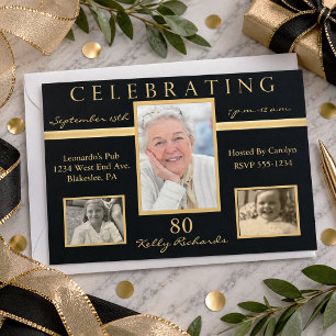 80th Birthday Party Tri Photo Invitations