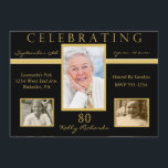 80th Birthday Party Tri Photo Invitations<br><div class="desc">Your guests will love this personalised, gold and black 80th birthday party invitation with elegant gold tri photo frames set in a black backtround. Simple yet festive, the elegant, chic, classic, classy 80th birthday party invitation is is a fitting way to celebrate your guest of honour's eightieth birthday with style...</div>