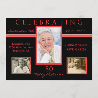 80th Birthday Party Tri Photo Invitations Red & Bl